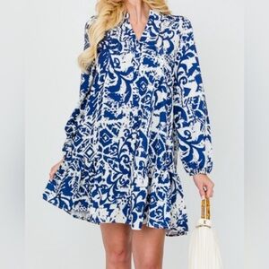 Zara Blue and cream mini dress size Large/ floral print with purple  detail